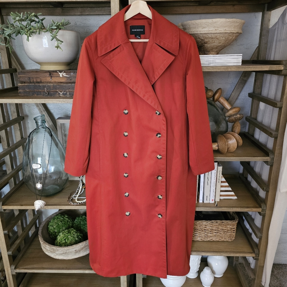 Club Monaco Ohdette Long Trench Coat Jacket Brick Red Sz L - Picture 11 of 13